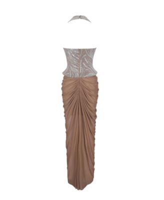  Nancie Beaded Halter Peplum Pleated Maxi Dress