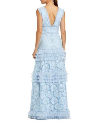  V Neck Lace Tiered Ruffle Gown