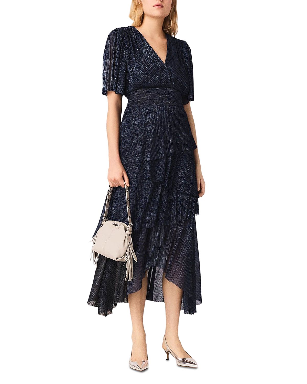 Maje Ruffiba Metallic Ruffled Midi Dress