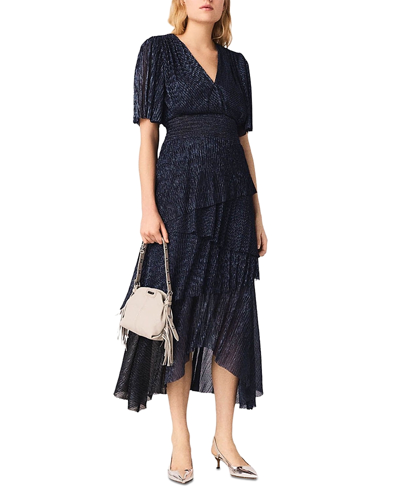 Maje Ruffiba Metallic Ruffled Midi Dress