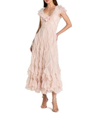 Mac Duggal Micro Ruffle Cap Sleeve A-line Midi Dress In Pink
