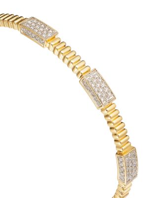 Diamond Cluster Station Textured Bangle Bracelet in 14K Yellow Gold, 1.0 tcw