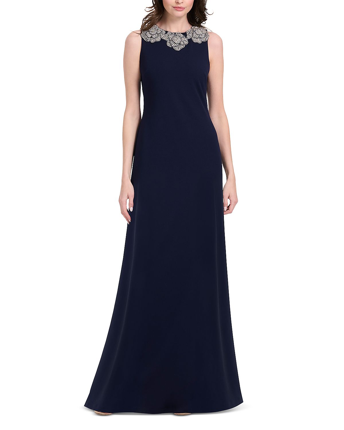 Emily Shalant Crystal Floral Neck Gown