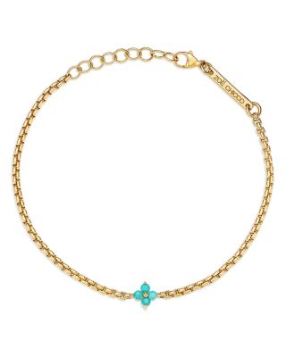 14K Yellow Gold Turquoise Gemstones Flower Cluster Box Link Chain Bracelet
