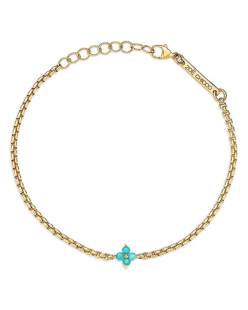 Zoe Chicco 14K Yellow Gold Turquoise Gemstones Flower Cluster Box Link Chain Bracelet