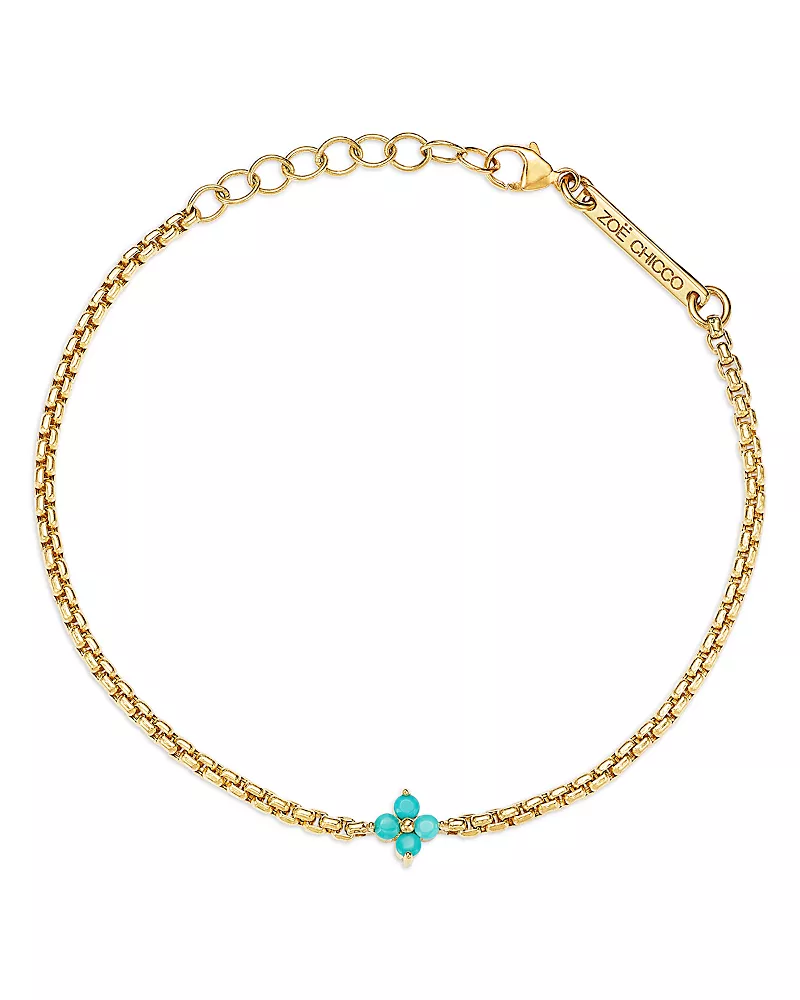 Zoe Chicco 14K Yellow Gold Turquoise Gemstones Flower Cluster Box Link Chain Bracelet