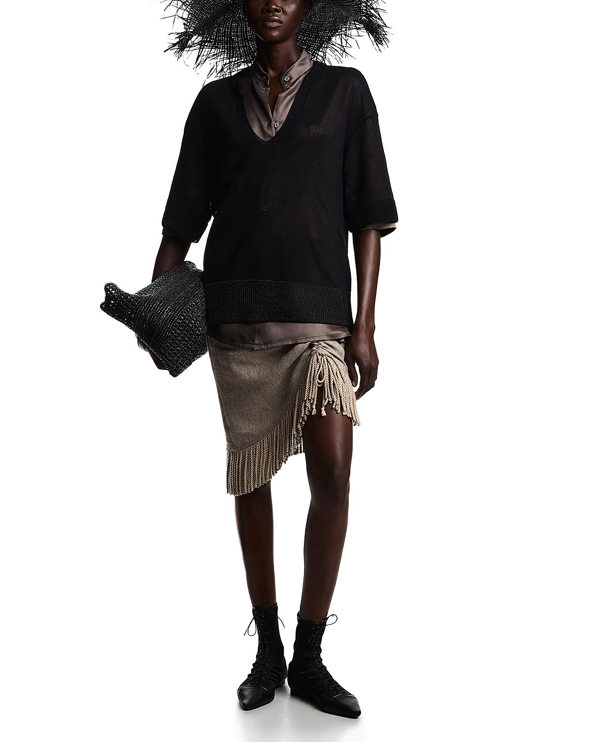 Emporio Armani Heavy Canvas Fringe Trim Linen Skirt