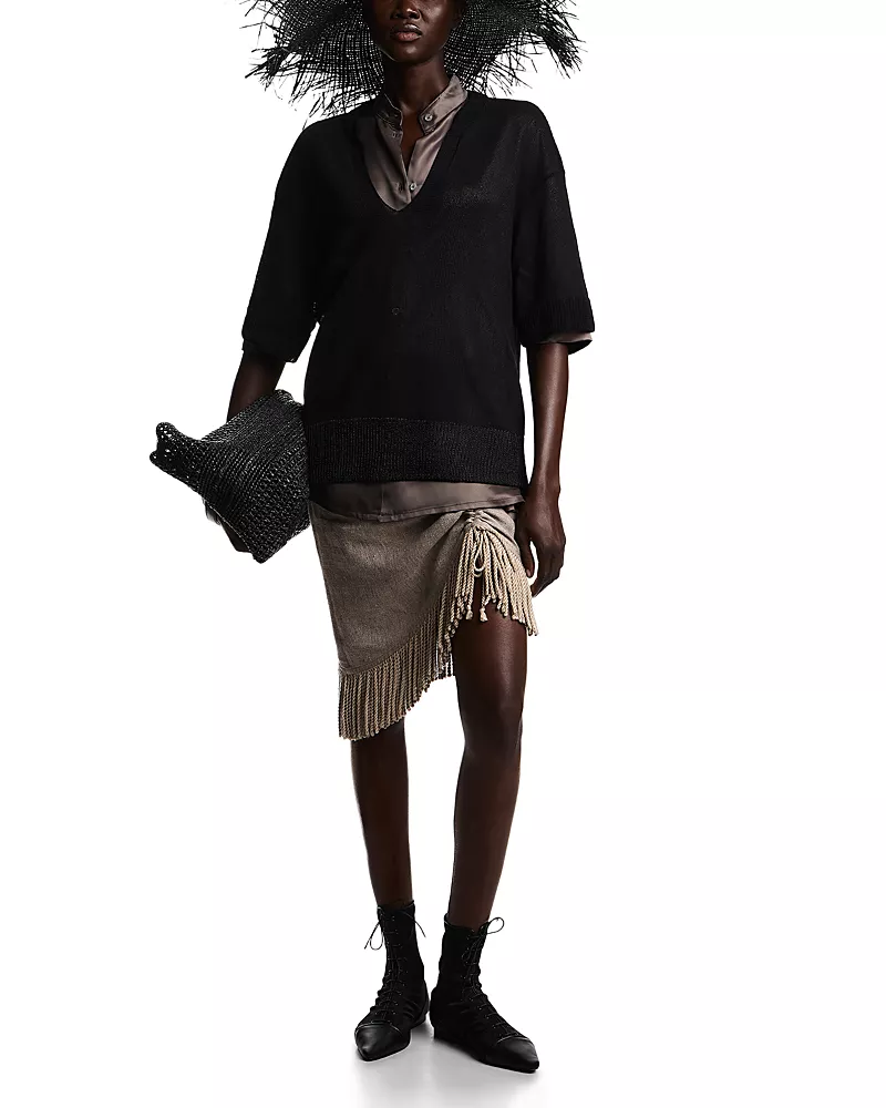 Emporio Armani Heavy Canvas Fringe Trim Linen Skirt