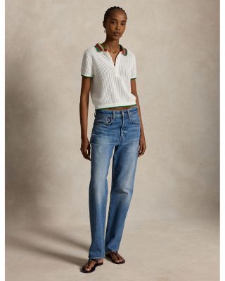 Striped Collar Pointelle Polo Shirt