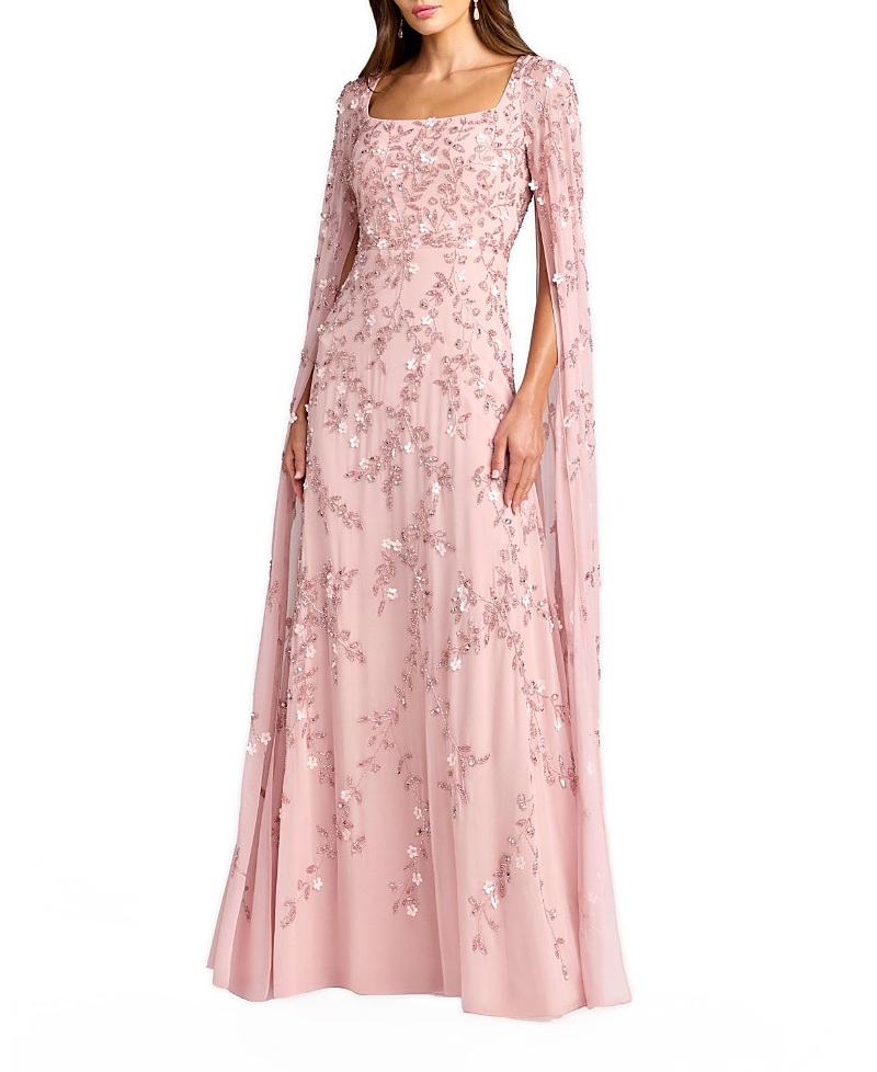Mac Duggal Beaded Georgette Square Neck Cape Sleeve Gown