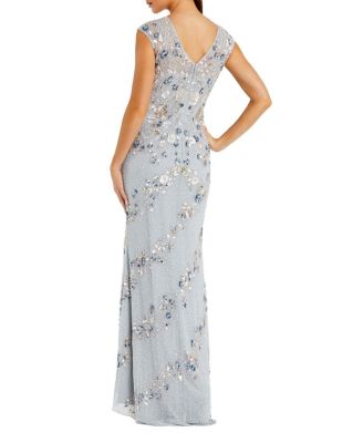  Beaded High Neck Cap Sleeve Column Gown