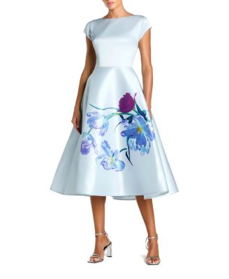 Satin Cap Sleeve Midi Dress With Floral Print