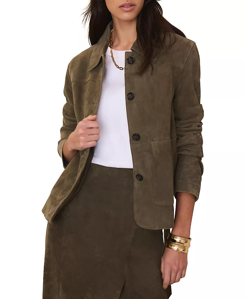 Mint Velvet Women's Suede Jacket with Classic Collar & Button-Front Pockets
