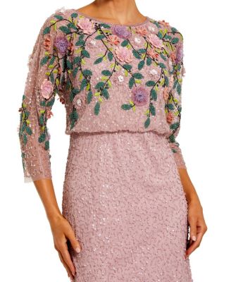  Floral Embellished Long Sleeve Gown
