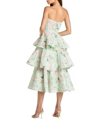  Floral Net Strapless Tiered Ruffle Midi Dress