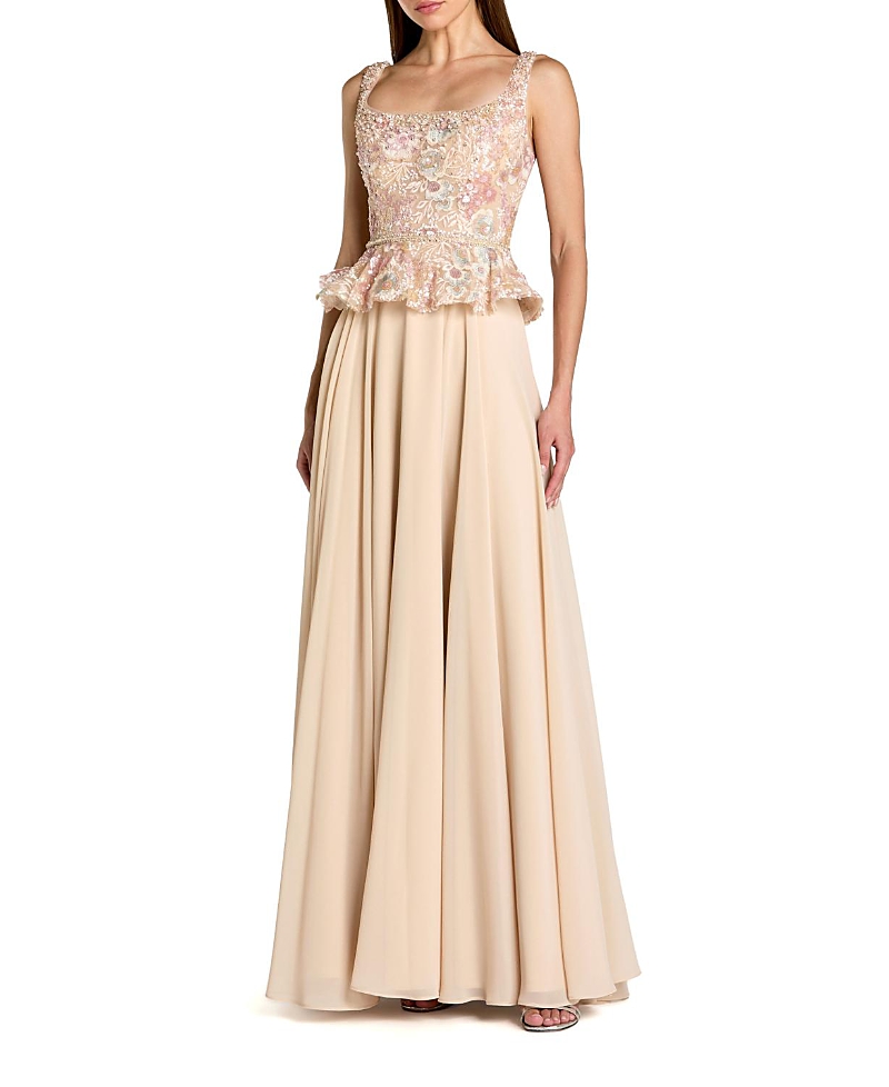 Mac Duggal Petite Embroidered Peplum Top With Chiffon Skirt Gown