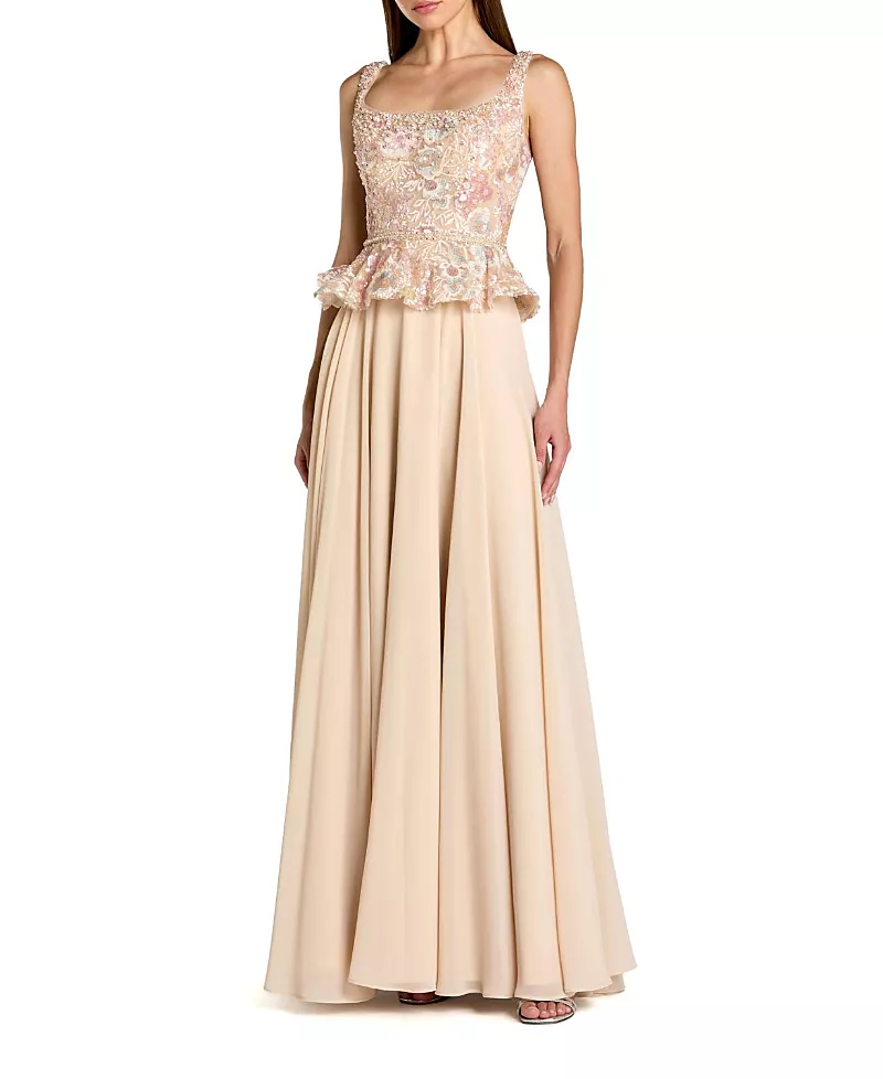 Mac Duggal Petite Embroidered Peplum Top With Chiffon Skirt Gown