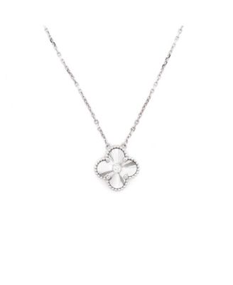  Vintage Alhambra Pendant Necklace Guilloche 18K White Gold with Diamond, 16.5"