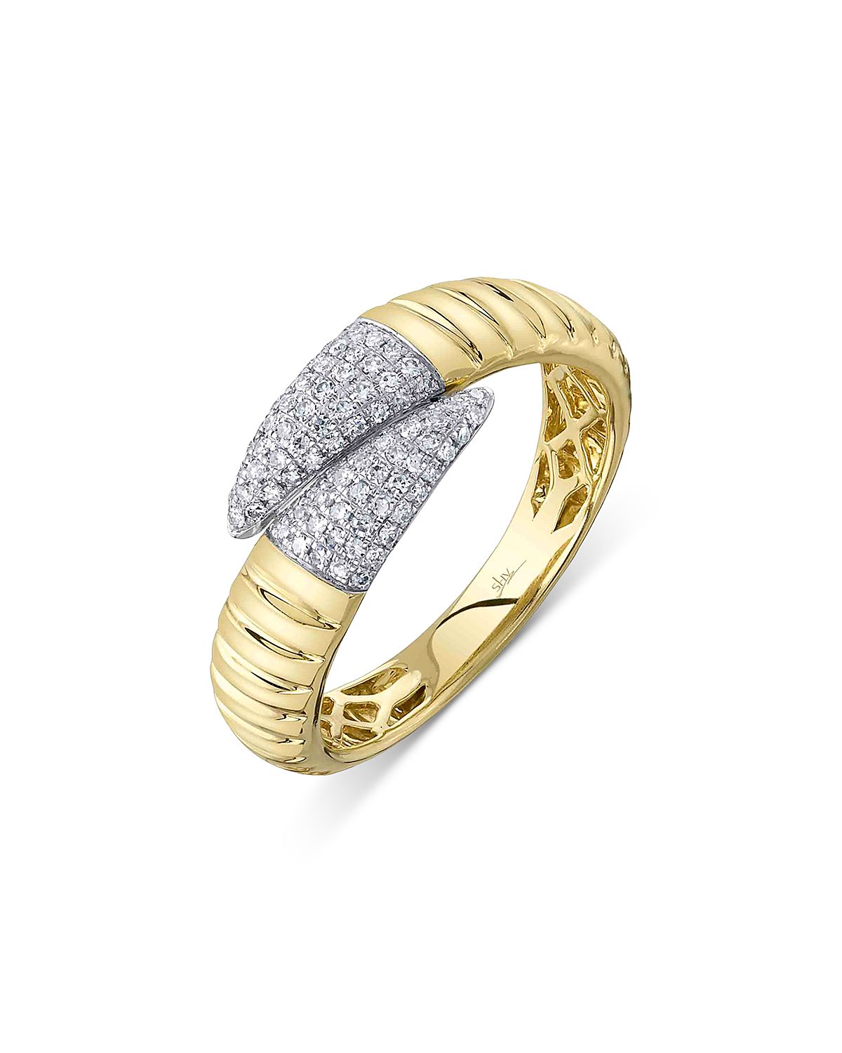 Shy Creation 14K Yellow Gold Diamond Pave Ridge Texture Bypass Ring