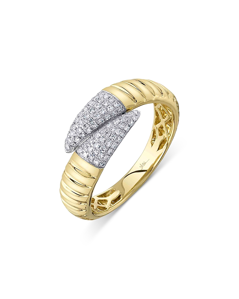 Shy Creation 14K Yellow Gold Diamond Pave Ridge Texture Bypass Ring