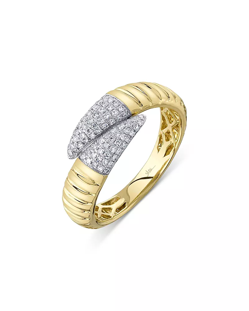 Shy Creation 14K Yellow Gold Diamond Pave Ridge Texture Bypass Ring
