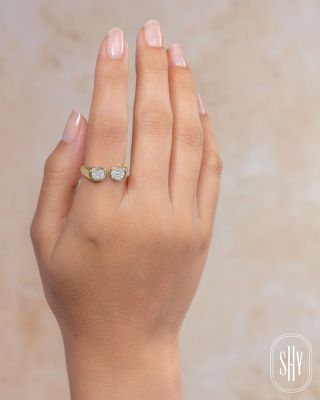 14K Yellow Gold Diamond Baguette & Round Double Cluster Cuff Ring