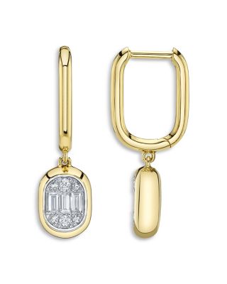 14K Yellow Gold Diamond Baguette & Round Oval Cluster Dangle Hoop Earrings