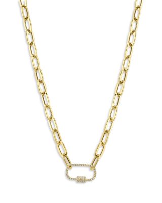 14K Yellow Gold Diamond Pav&eacute; Carabiner Clasp Paperclip Link Necklace, 18"