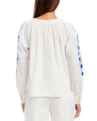 Embroidered Blouson Sleeve Tie Neck Peasant Top