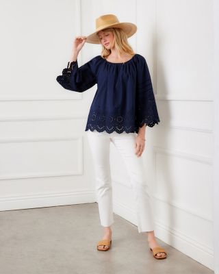 Flare Sleeve Embroidered Scallop Edge Peasant Top