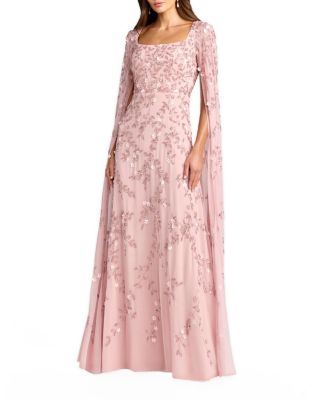  Petite Pink Beaded Georgette Square Neck Cape Sleeve Gown