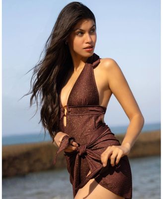  Gabrielle Ring Halter One-Piece Swimsuit in Metallic