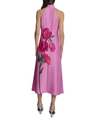 Floral Print Satin Crepe Halter Midi Dress
