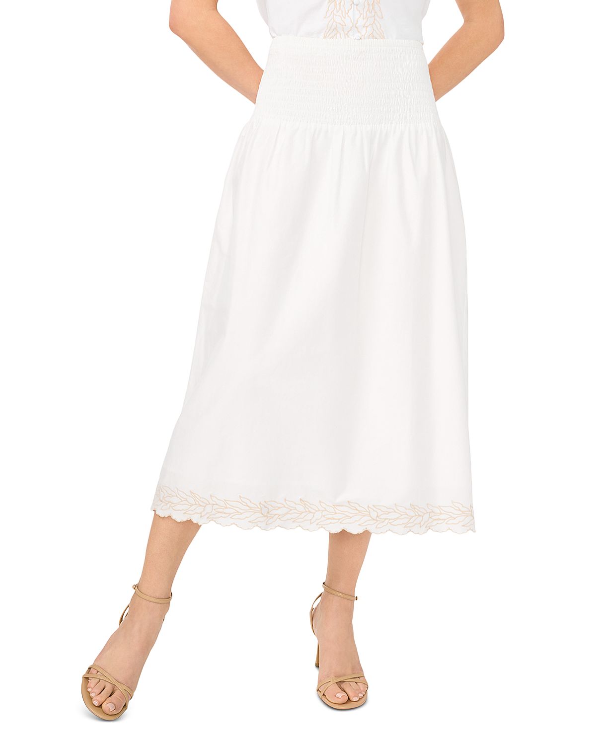 CeCe Smocked Waist Embroidered Midi Skirt