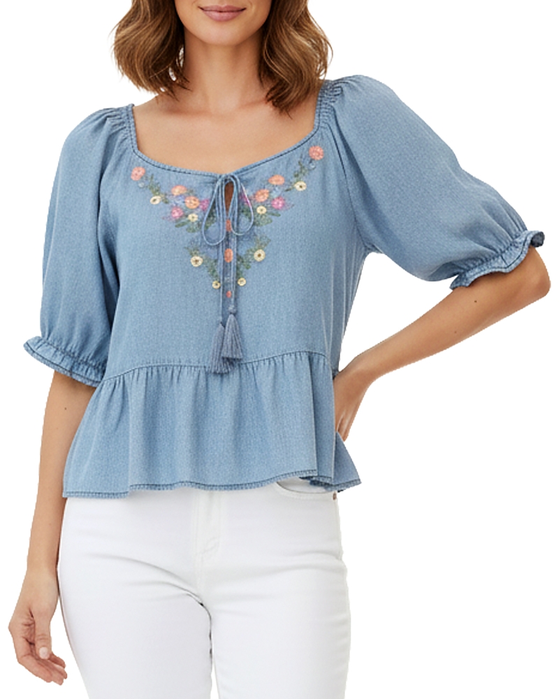 Billy T Petal Song Embroidered Denim Top