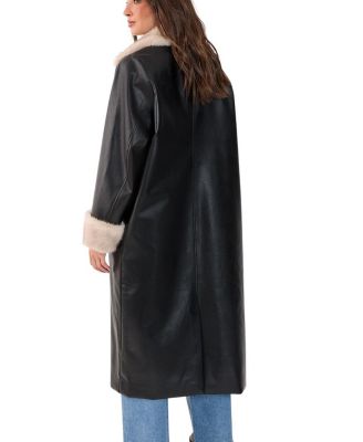Faux Leather Longline Fur Trim Coat