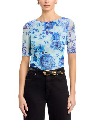 Elbow Sleeve Boat Neck Mesh Top