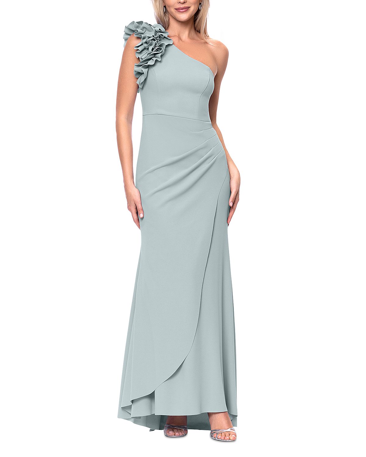 Aqua One Shoulder Ruffle Crepe Gown - Exclusive