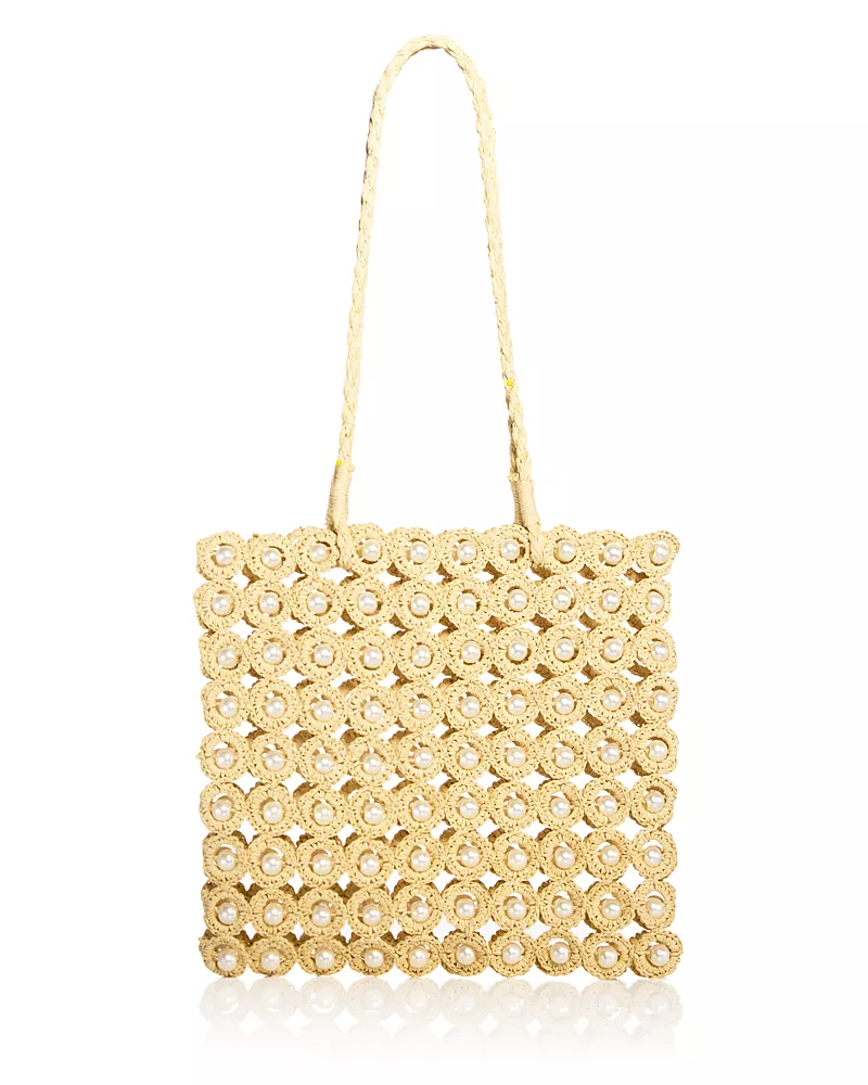 Aqua Imitation Pearl & Crochet Straw Tote - Exclusive