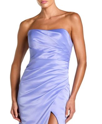  Strapless Gathered High Slit Gown