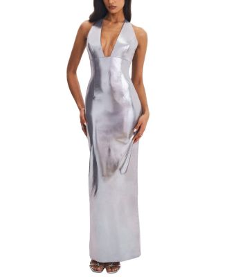  Valeska Foil Plunging Sheath Maxi Dress