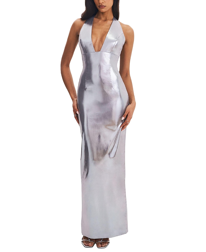 Miss Circle Valeska Foil Plunging Sheath Maxi Dress
