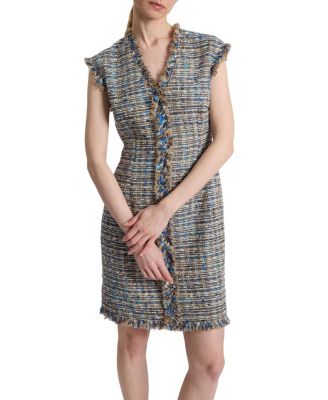  Tuscany Cap Sleeve V-Neck Sheath Tweed Dress