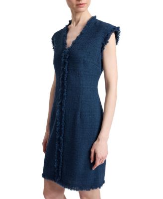  Tuscany Sleeveless V-Neck Tweed Dress with Fringe Detail