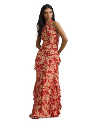 Floral Ruffle Trim Georgette Halter Gown