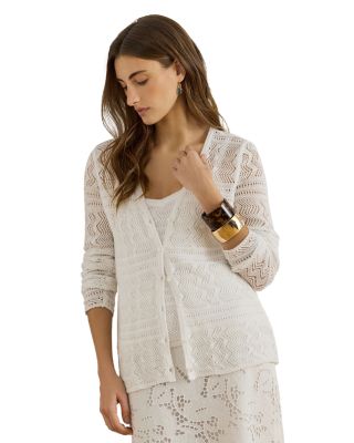 Pointelle Linen-Blend V Neck Cardigan Sweater