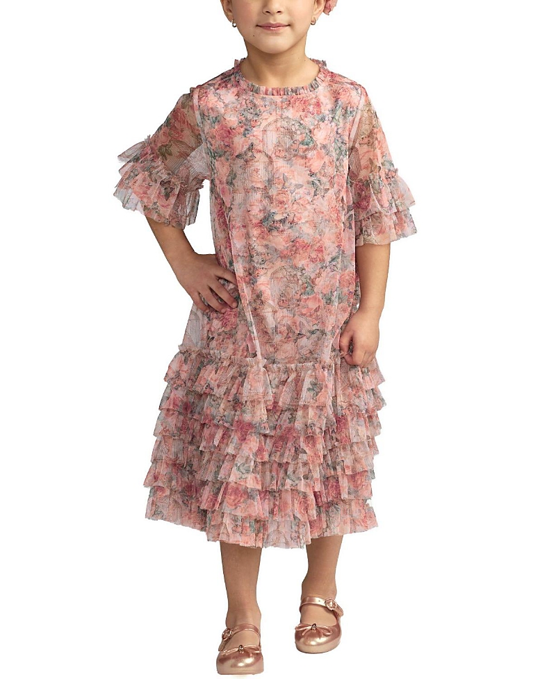 Mac Duggal Girls' Floral Printed Short Sleeve Ruffle Dress - Little Kid, Big Kid