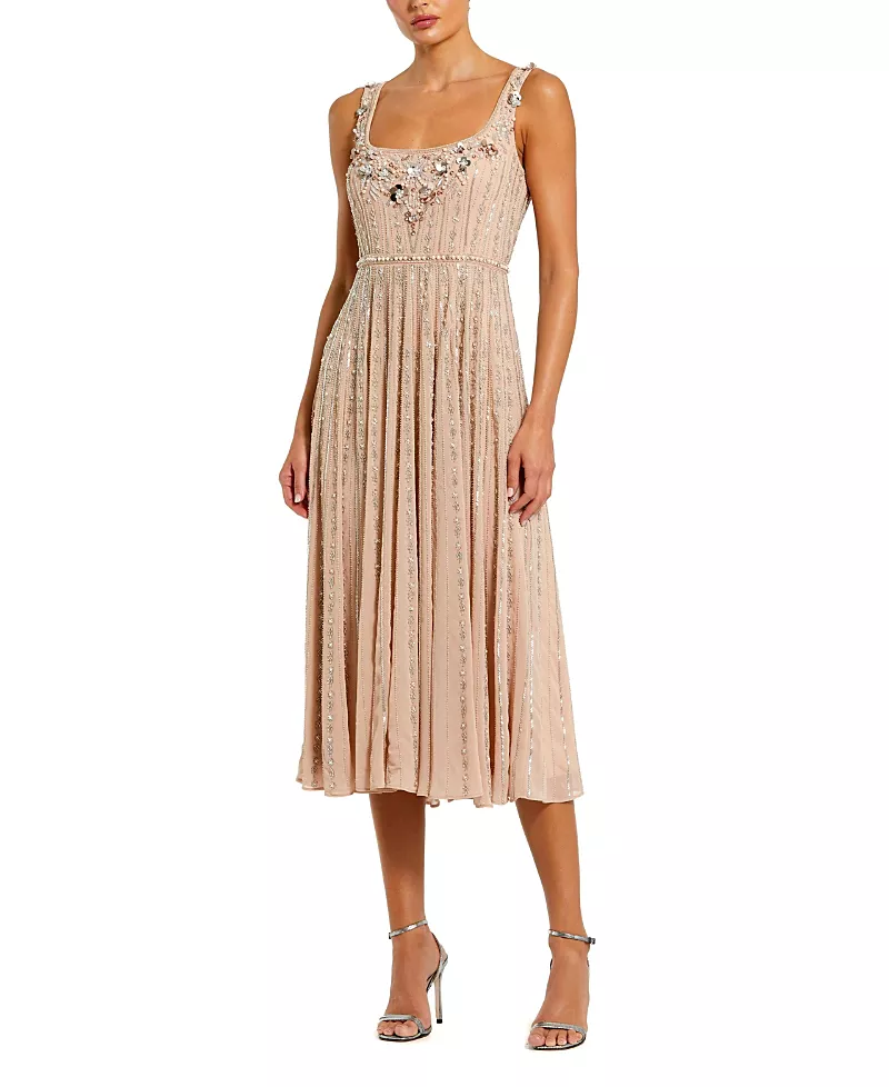 Mac Duggal Sleeveless Scoop Neck Beaded Georgette Midi Dress