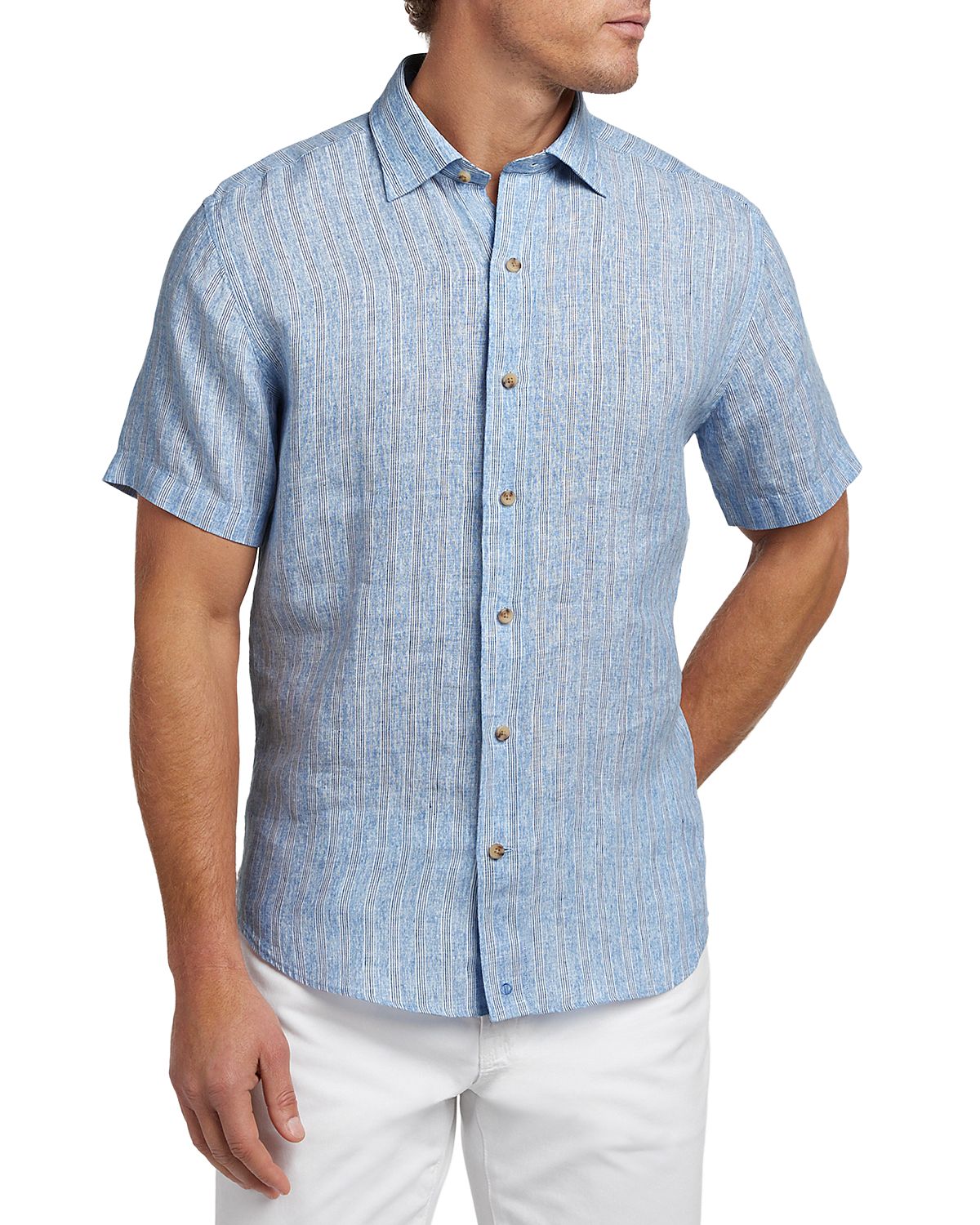 David Donahue Linen Stripe Short Sleeve Shirt