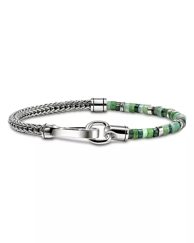 John Hardy Sterling Silver Heishi Green Multi Stone Bead & Woven Link Bracelet